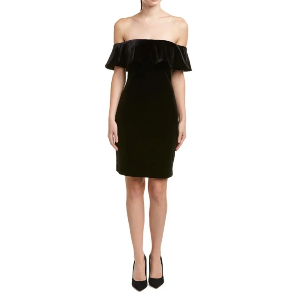 Eliza J Black Velvet Ruffled Off Shoulder Dress 4 LBD NWT